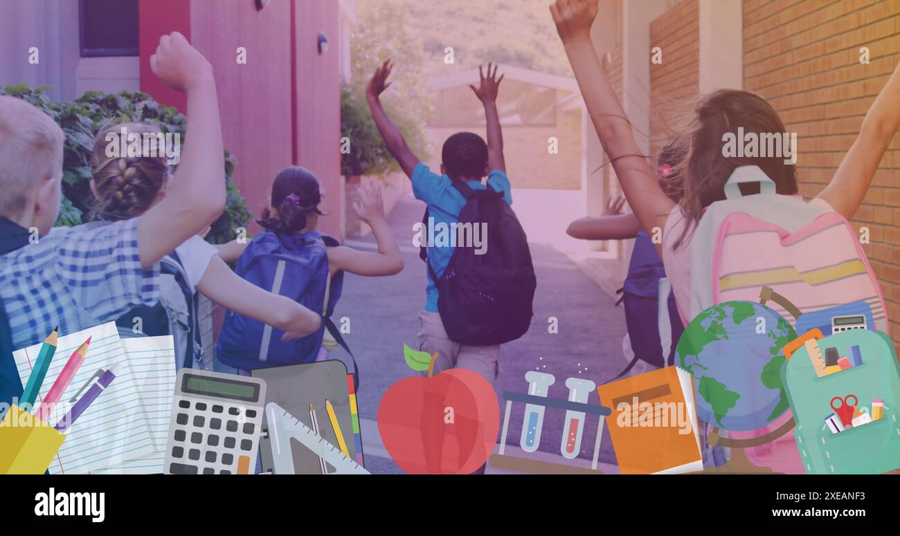 Image of school equipment over back of diverse pupils running outside school Stock Photo