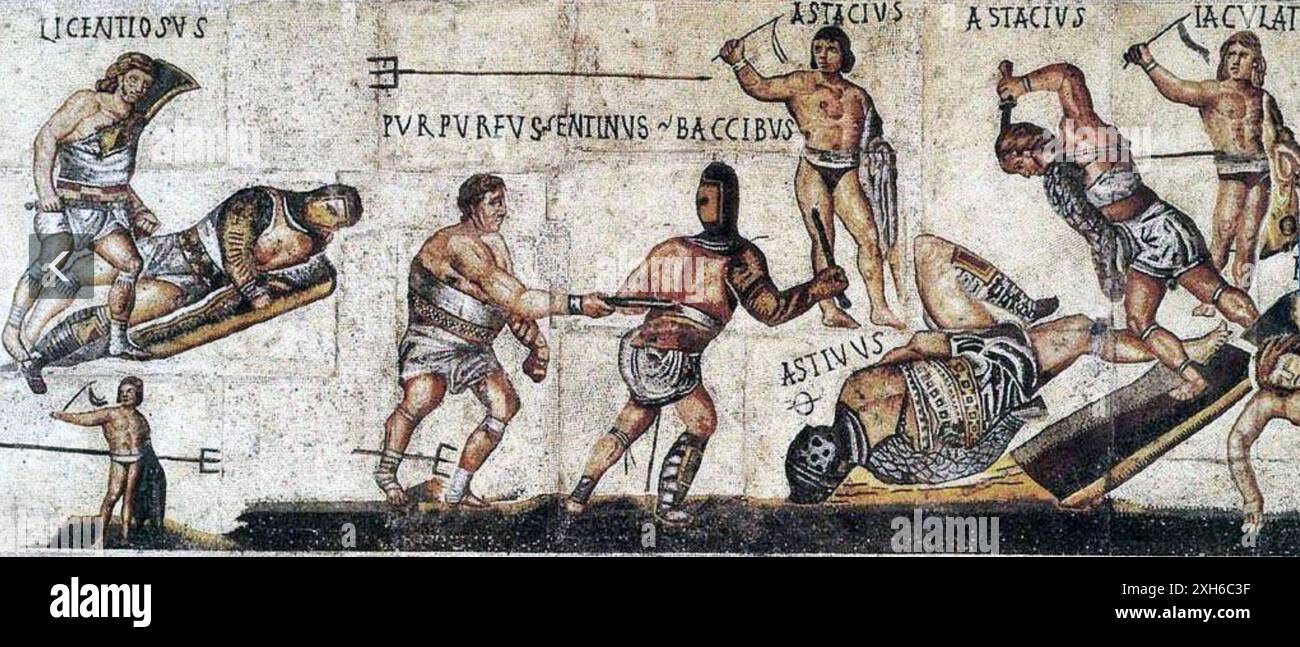 ROMAN GLADIATORS.  Part of the Gladiator Mosaic at the Galleria Borghese in Rome, about 320 AD. Stock Photo