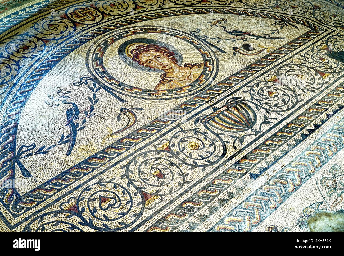 Detail of the Venus and Gladiator floor mosaic in the Roman villa at Bignor, West Sussex, England. Stock Photo