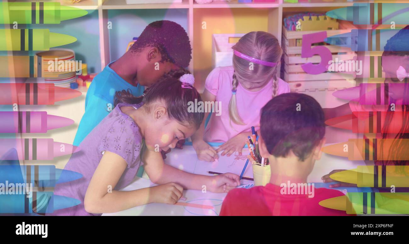 Image of falling school supplies over diverse school kids in class at school Stock Photo