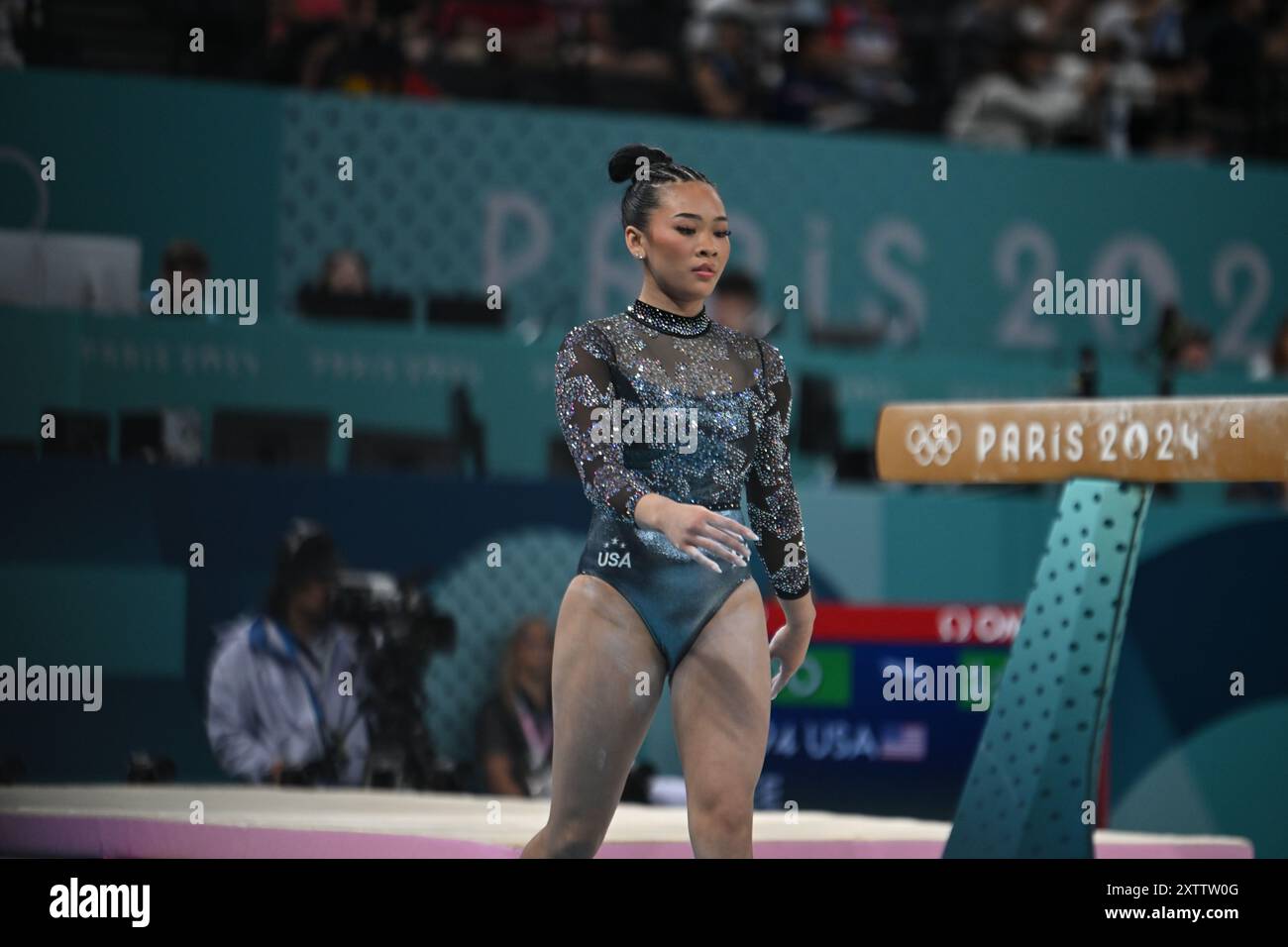 PARIS, FRANCE-28 July 2024: Sunisa Lee of USA competes on the balance beam during the Artistic Gymnastics Women's Qualification at the Olympic Games Stock Photo