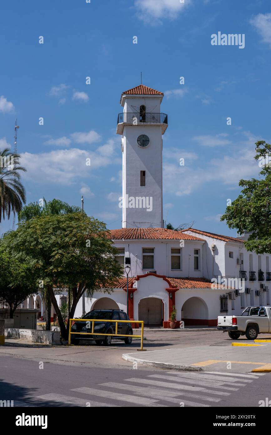 The town hall of Termas de Rio Hondo with its clock tower and Spanish colonial-style architecture.  Argentina. Stock Photo