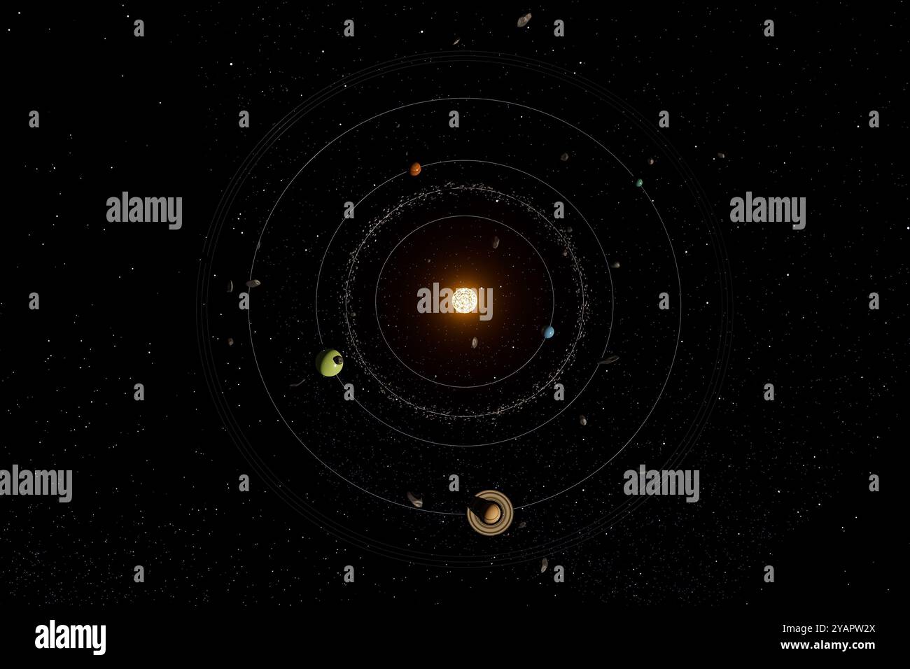 A close up of the solar system with the sun in the center Stock Photo