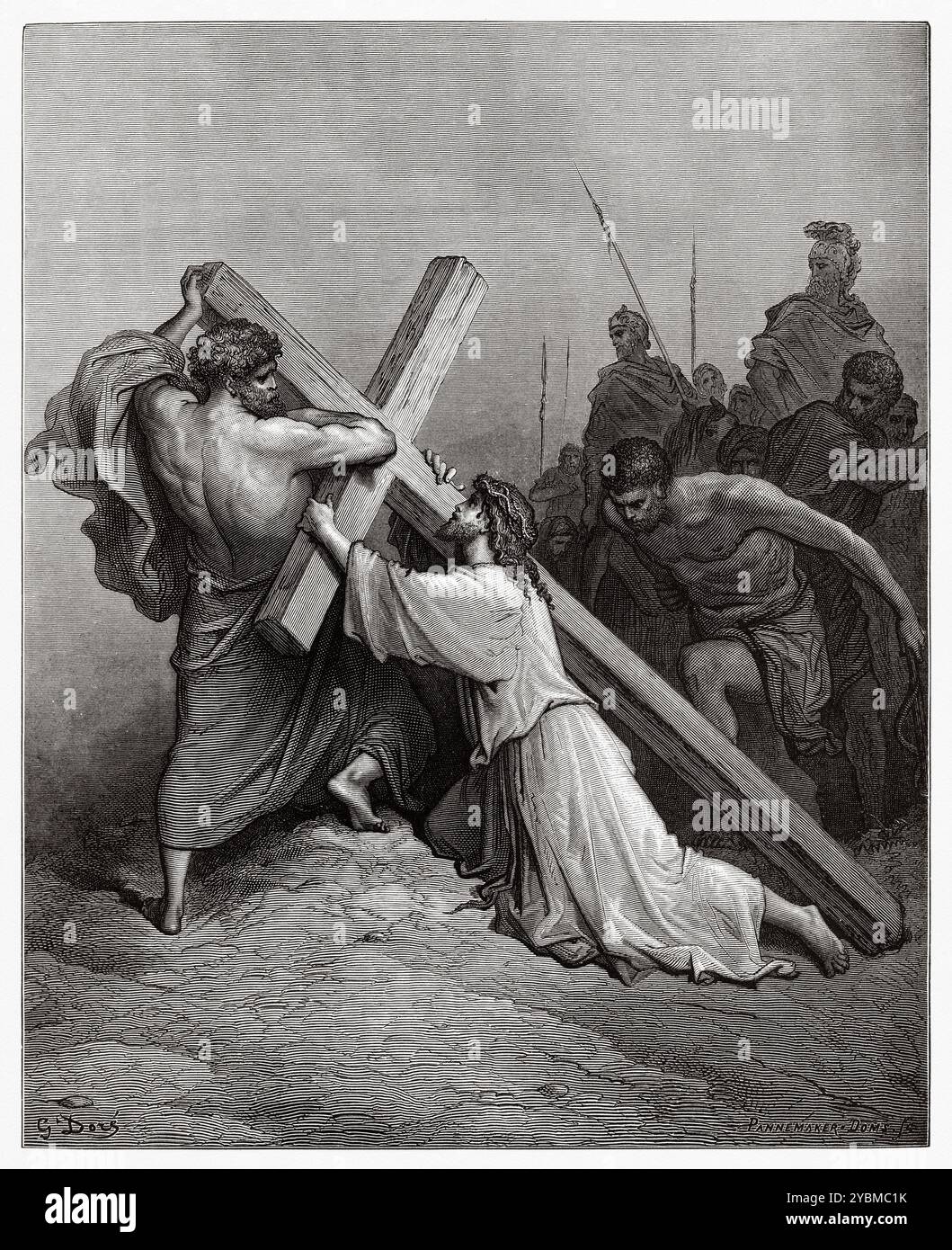 Jesus stumbles while carrying the cross. New Testament. Antique bible illustration by Gustave Dore (1832–1883) Stock Photo