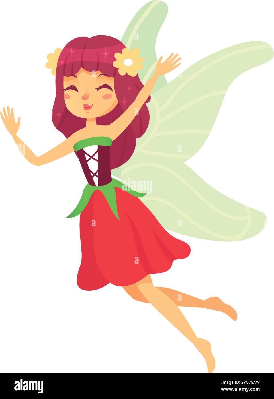 Beautiful fairy with red hair and green wings flies joyfully, spreading magic and happiness. She embodies freedom and innocence, adding grace and Stock Vector