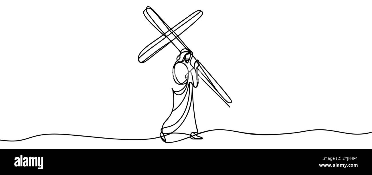 Continuous one line drawing of Jesus Christ carrying the cross-vector illustration. Stock Vector