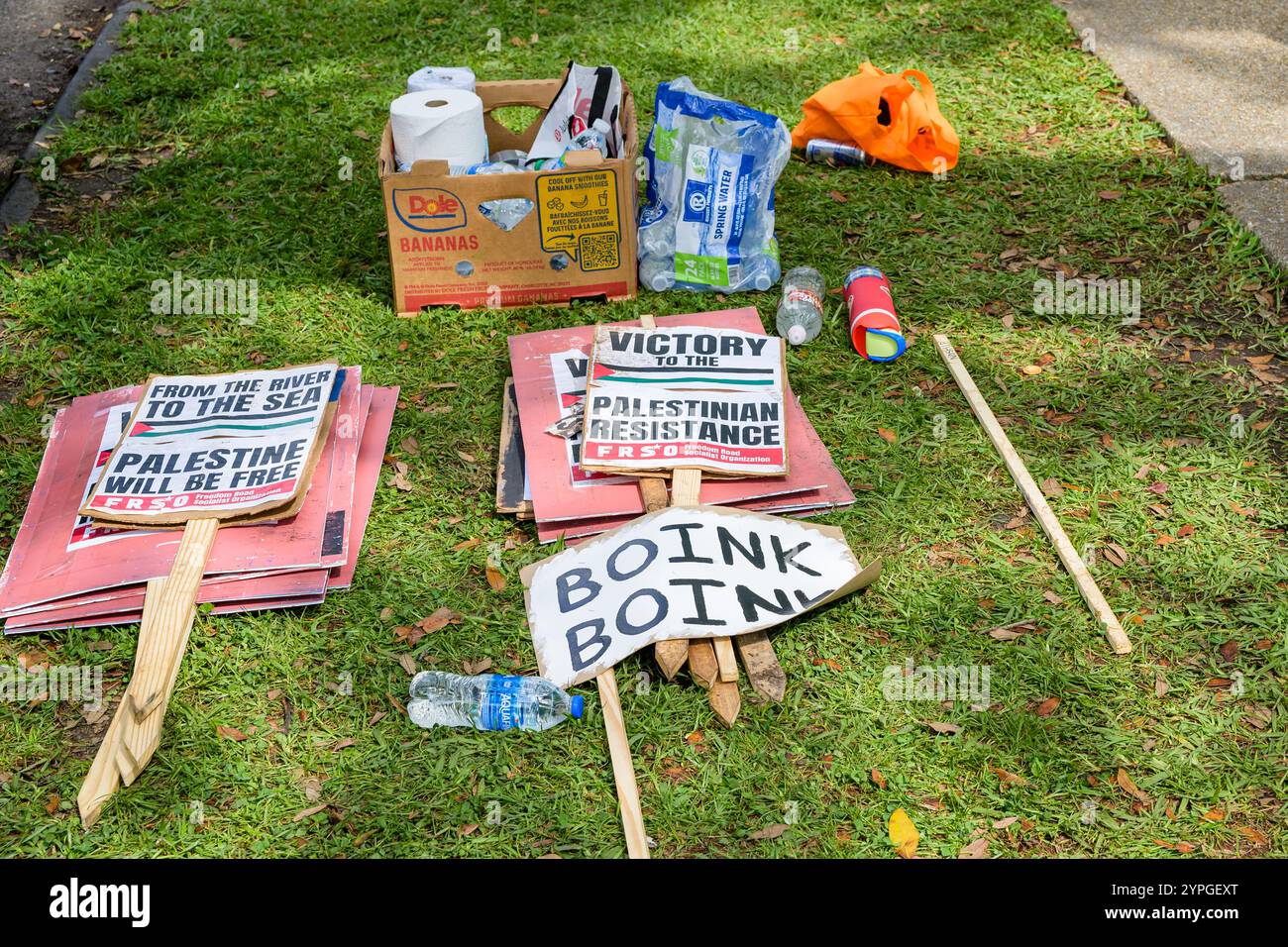 NEW ORLEANS, LA, USA - APRIL 30, 2024: Pro Palestine protest signs and supplies on the ground at the encampment site at Tulane University Stock Photo