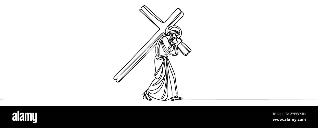 drawing of jesus christ carrying the cross drawn continuous line. Vector illustration. Stock Vector