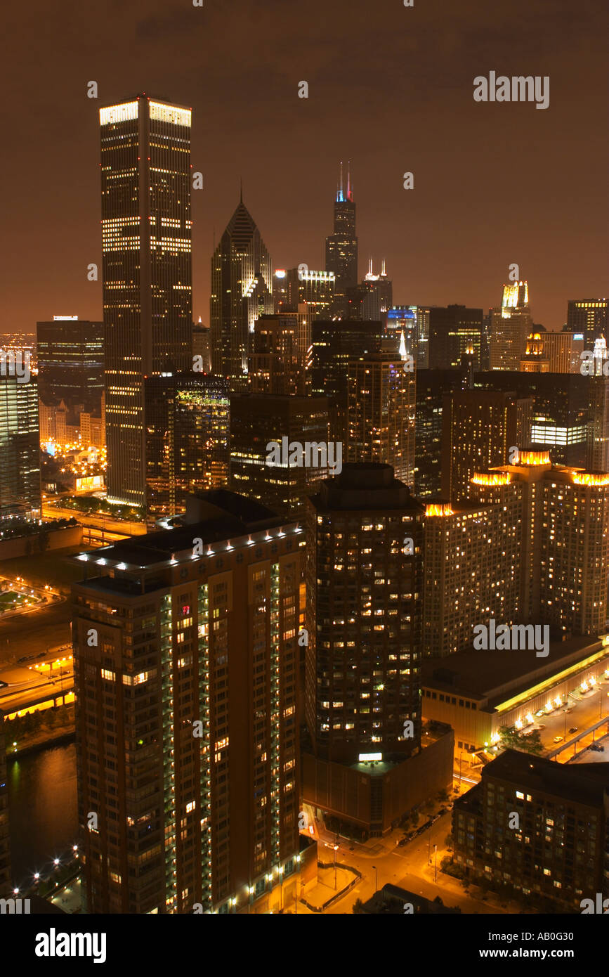 The Chicago skyline at night Stock Photo