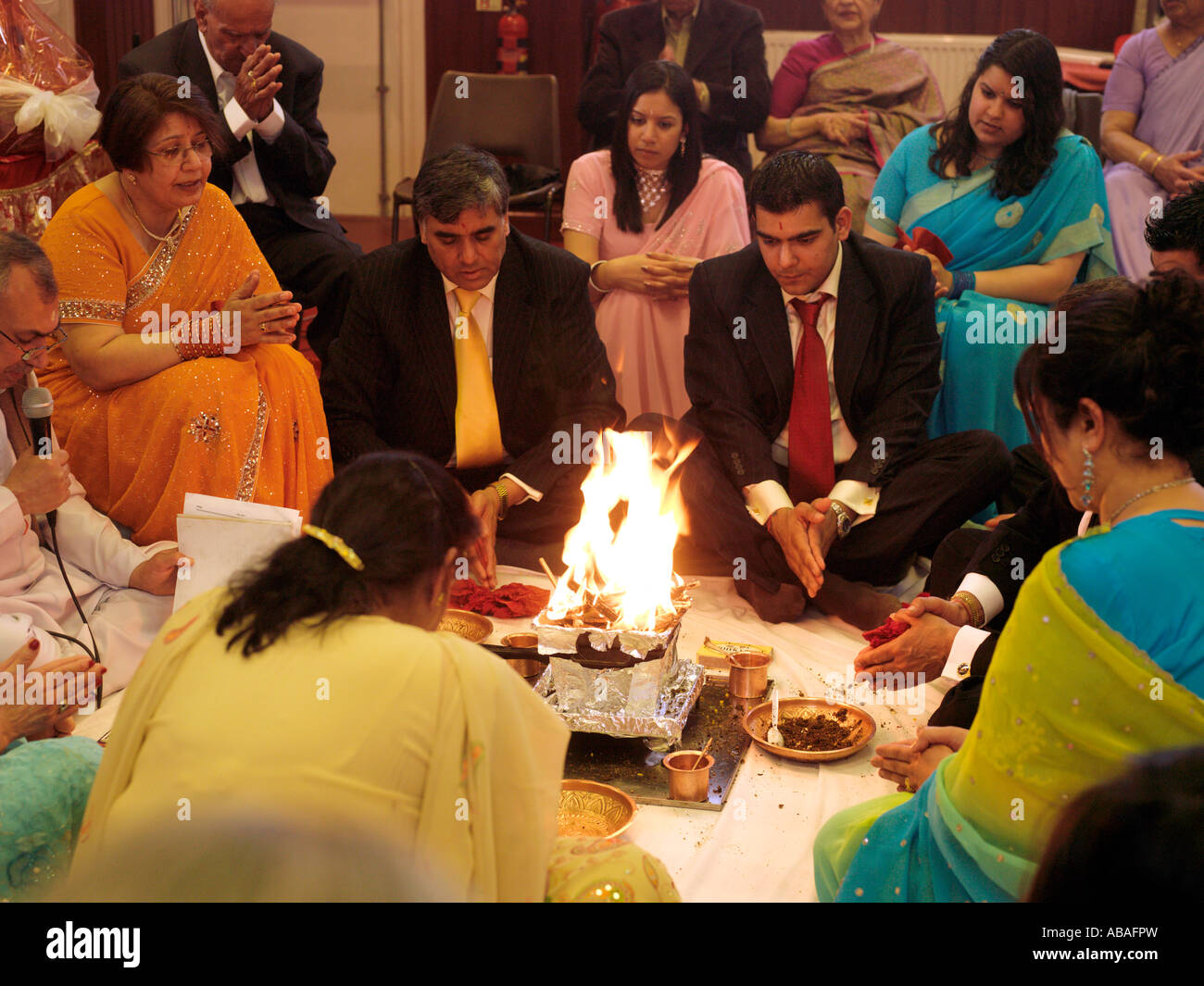 Hindu Engagement Ceremony around Sacred Fire Stock Photo