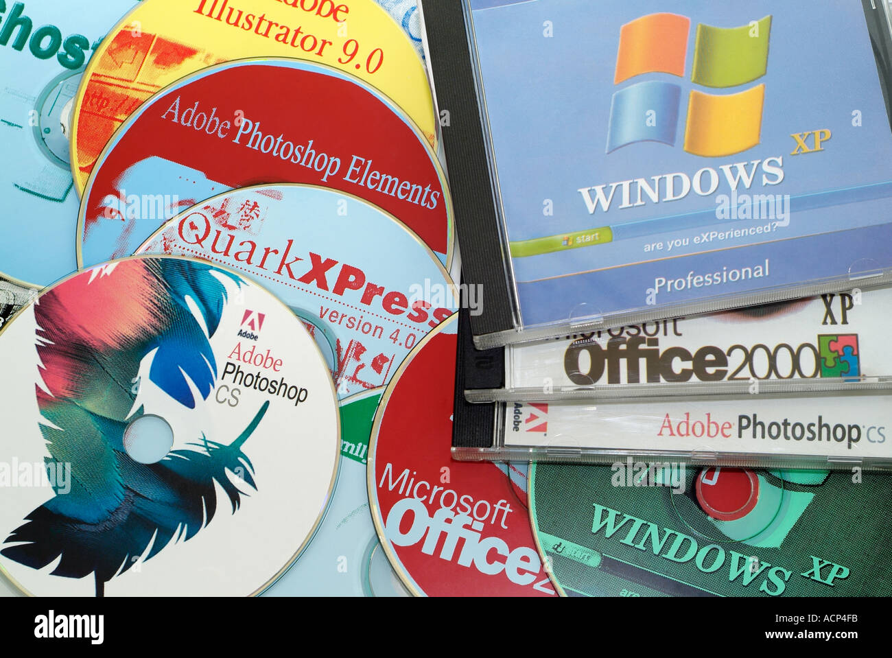 Counterfeit Computer Software in an Illegal Factory in Eastern Europe Stock Photo