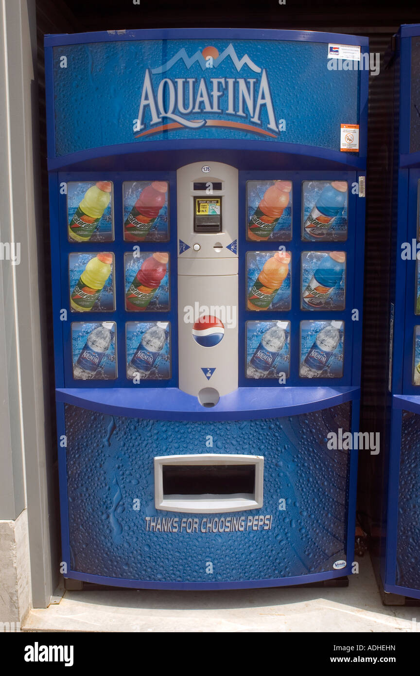 An Aquafina drink vending machine dispenses Pepsi Cola products in the NYC neighborhood of Chelsea Stock Photo