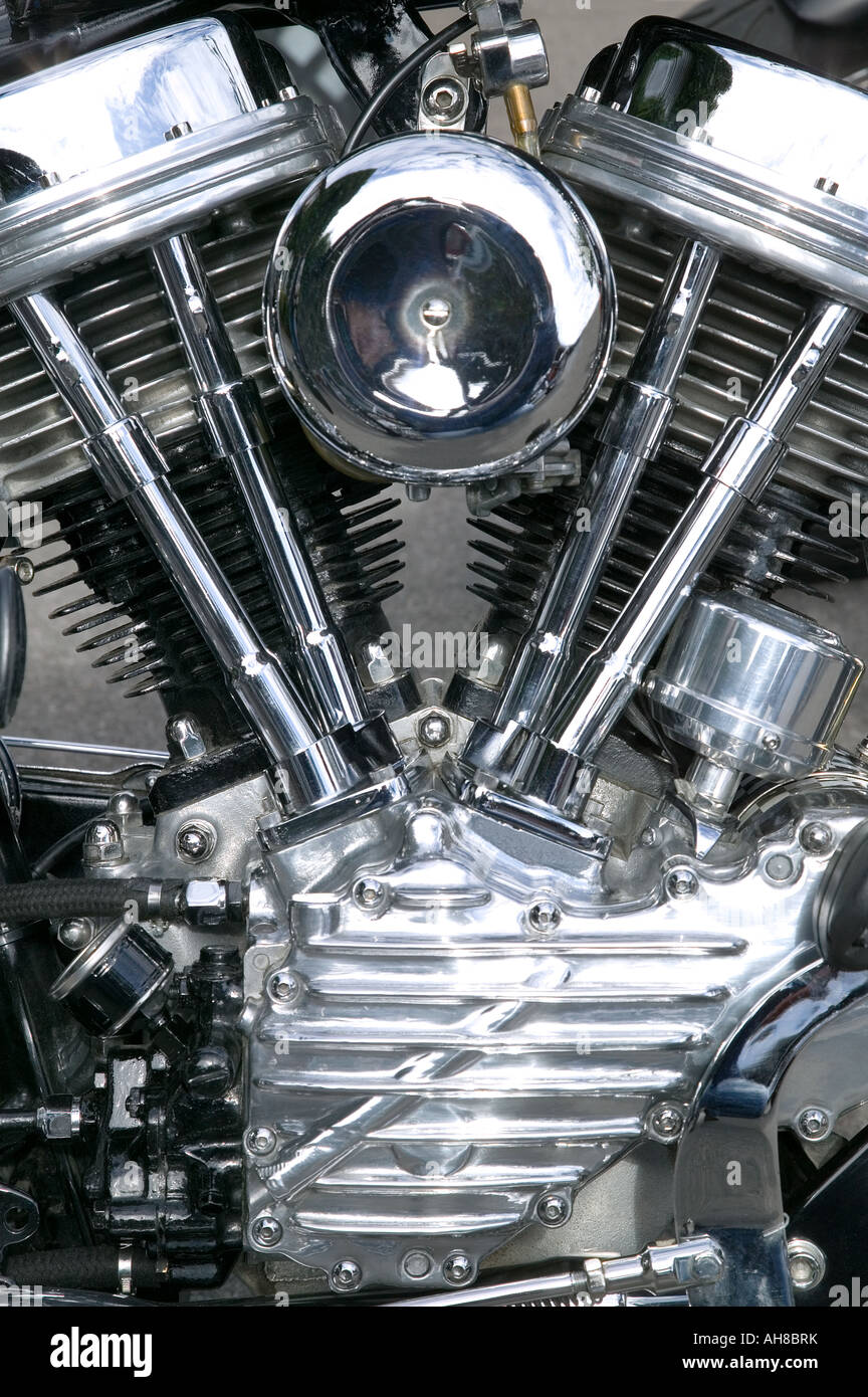 Chrome engine on a custom motorcycle close up Stock Photo