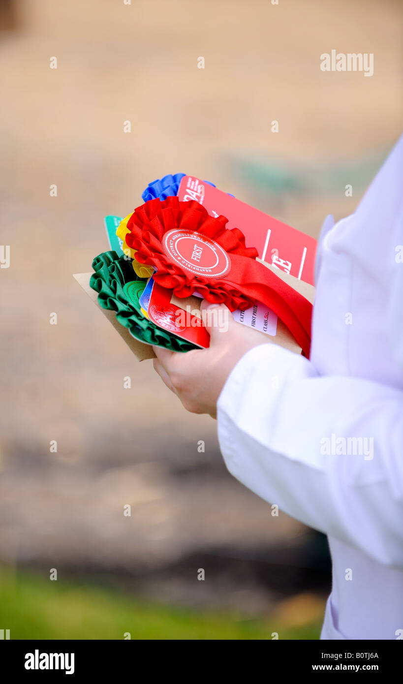 Heathfield & District Agricultural Show. Crowds flock to the county show held in May. Prize rosettes waiting to be awarded. Stock Photo