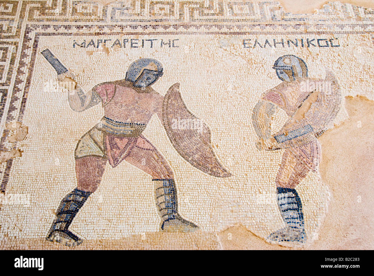 Gladiator mosaic, Roman excavations, Kourion, Cyprus Stock Photo