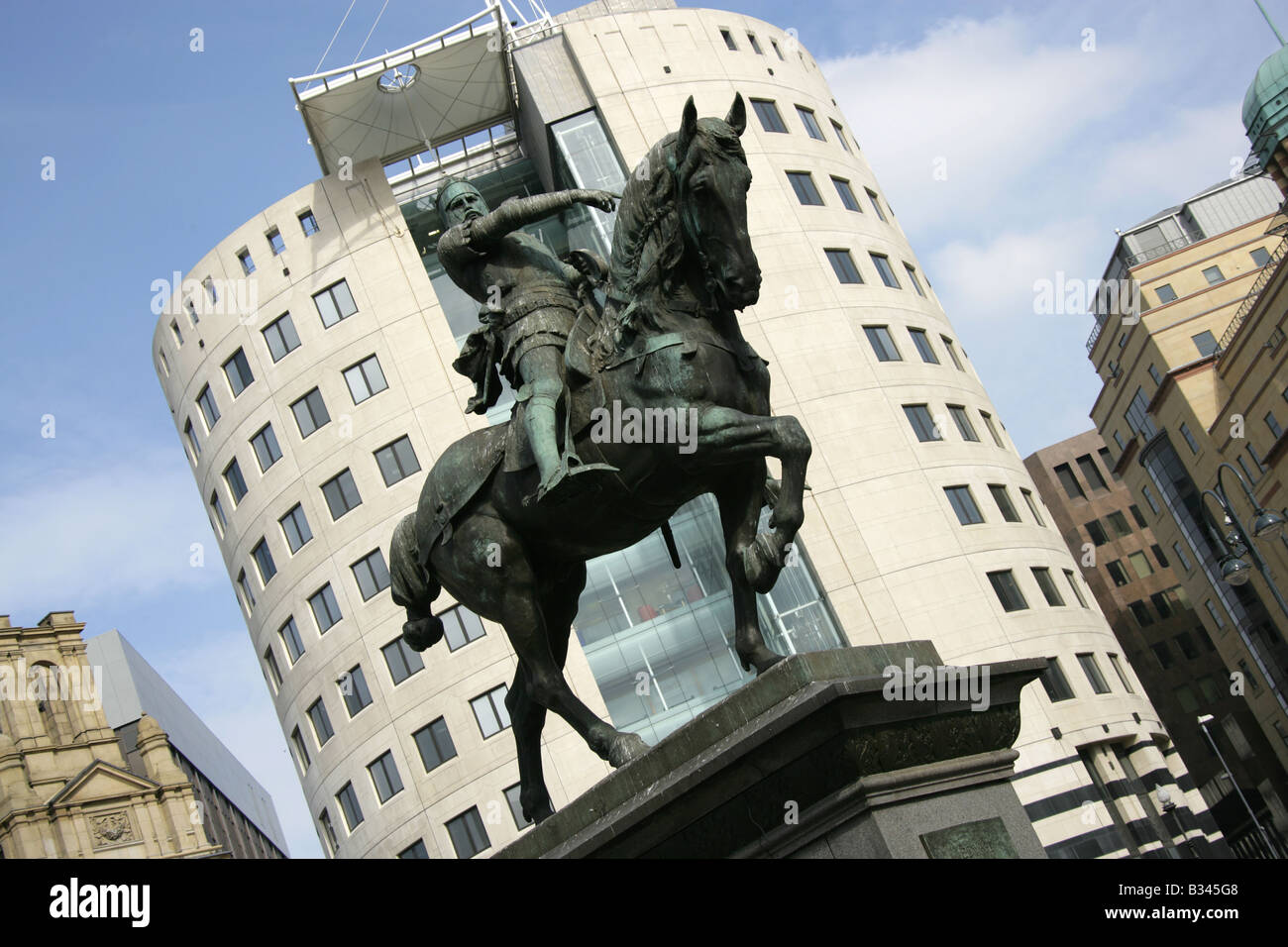 City of Leeds, England. The equestrian statue of the Black Prince, Edward of Woodstock, in Leeds City Square. Stock Photo