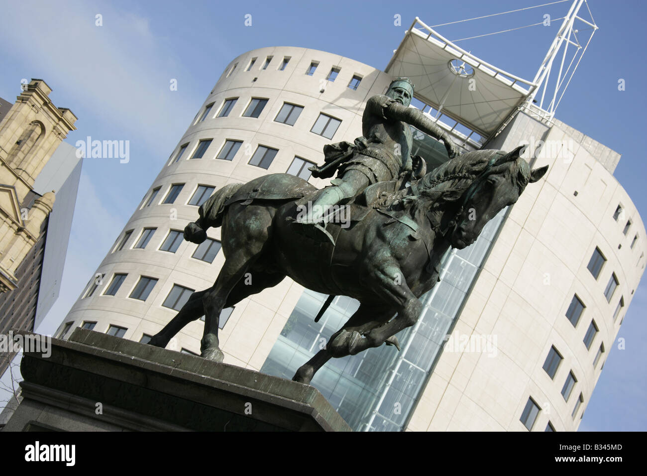 City of Leeds, England. The equestrian statue of the Black Prince, Edward of Woodstock, in Leeds City Square. Stock Photo