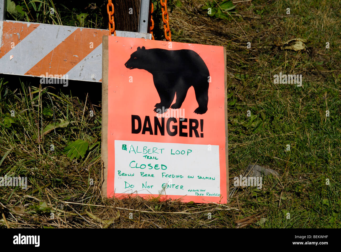 Bear danger warning sign, Chugach State Park, Anchorage, Alaska Stock Photo