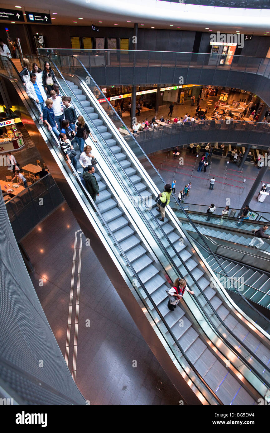 Hall of Zurich Airport, Switzerland, showing Check in, food concourse and shopping area Stock Photo