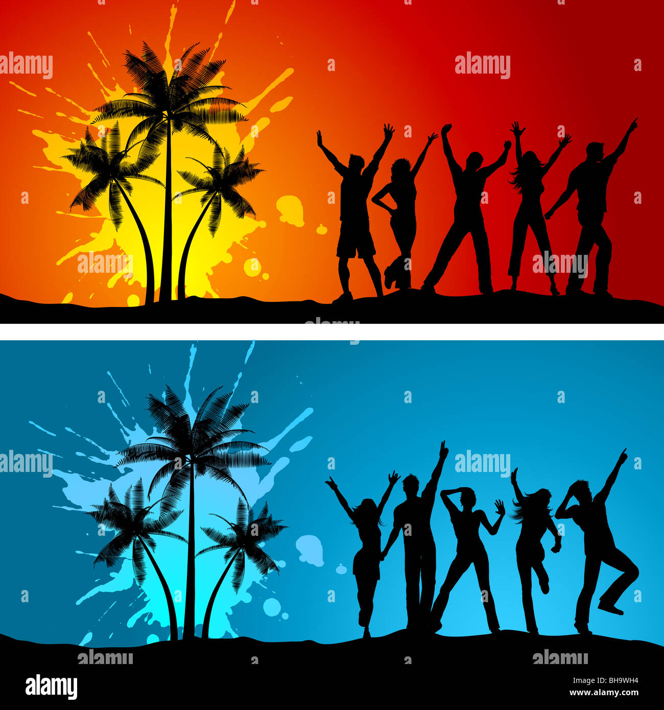 Silhouettes of people dancing on grunge palm tree backgrounds Stock Photo