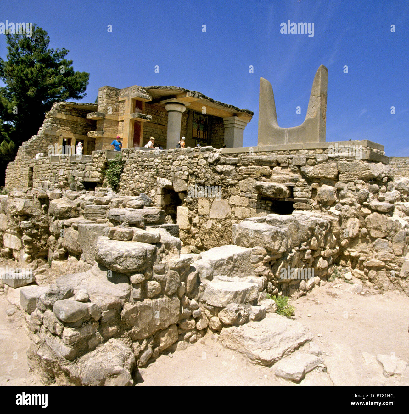 Palace of Knossos in Crete. This is the southern Propylaea of the palace with the sacred double horns. Stock Photo