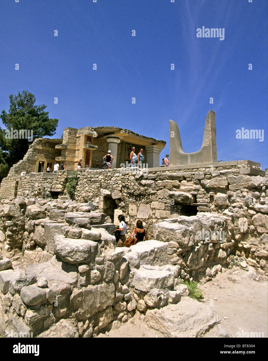 Palace of Knossos in Crete. This is the southern Propylaea of the palace with the sacred double horns. Stock Photo