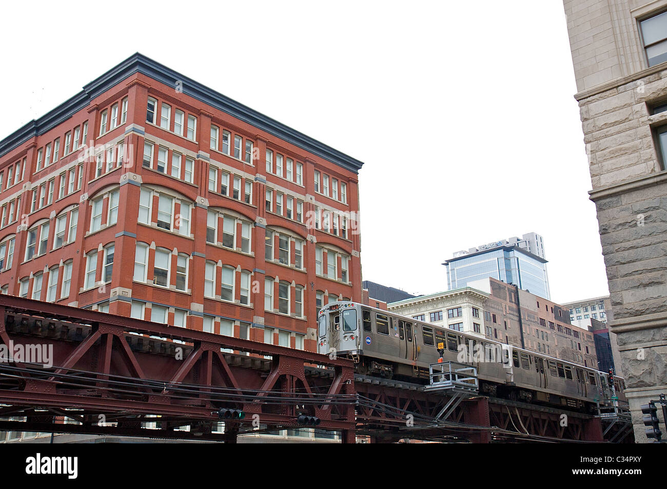 An Elevated Train in downtown Chicago Stock Photo