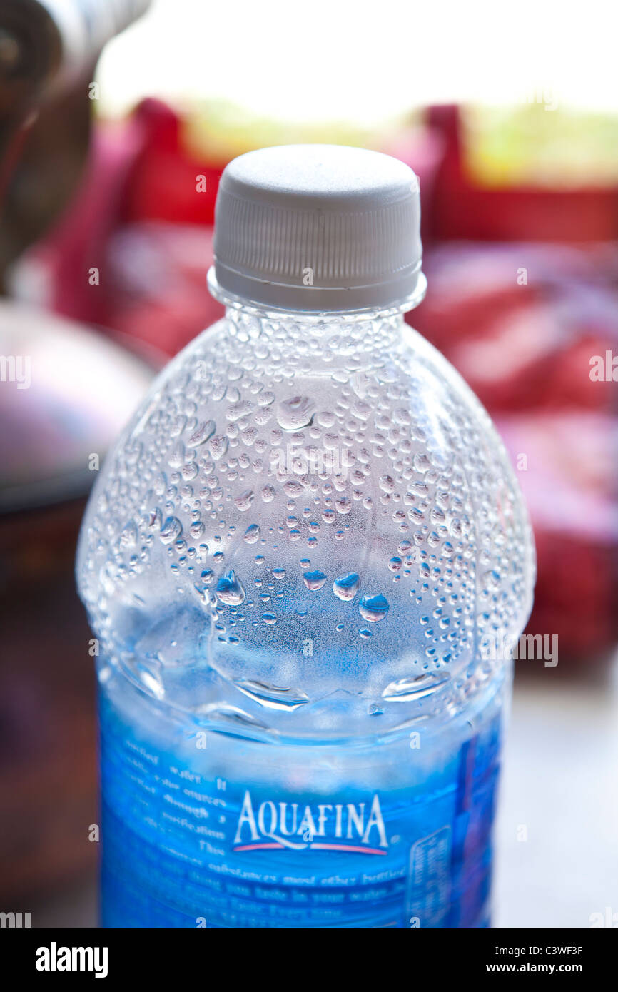 Water condensation in a bottle of Aquafina water Stock Photo