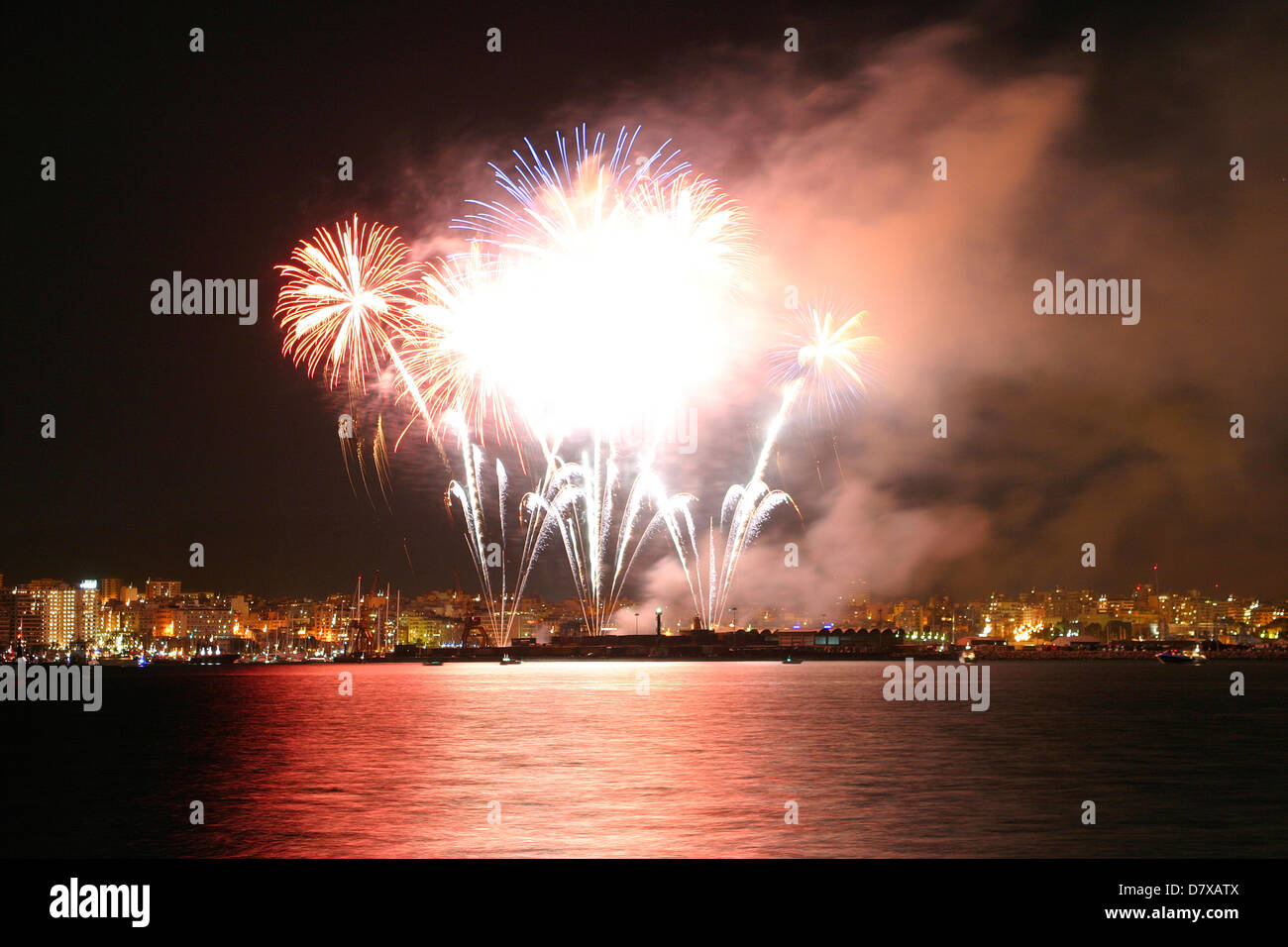 Fireworks over Palma de Mallorca´s port to celebrate the local festivities of Saint Sebastian Stock Photo