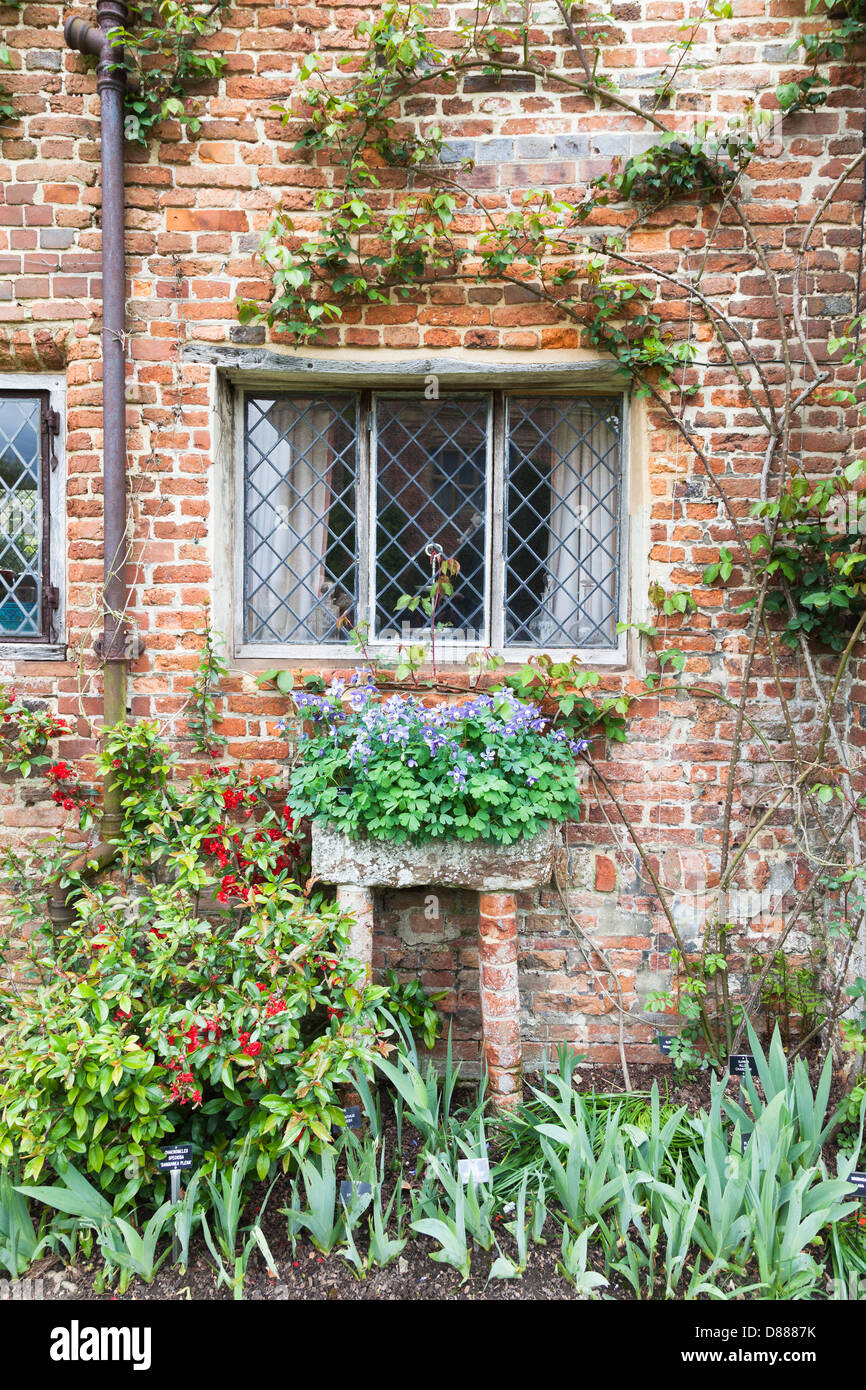 Sissinghurst Castle, Kent, England - crumbling brickwork wall, leaded light windows and plant trough Stock Photo