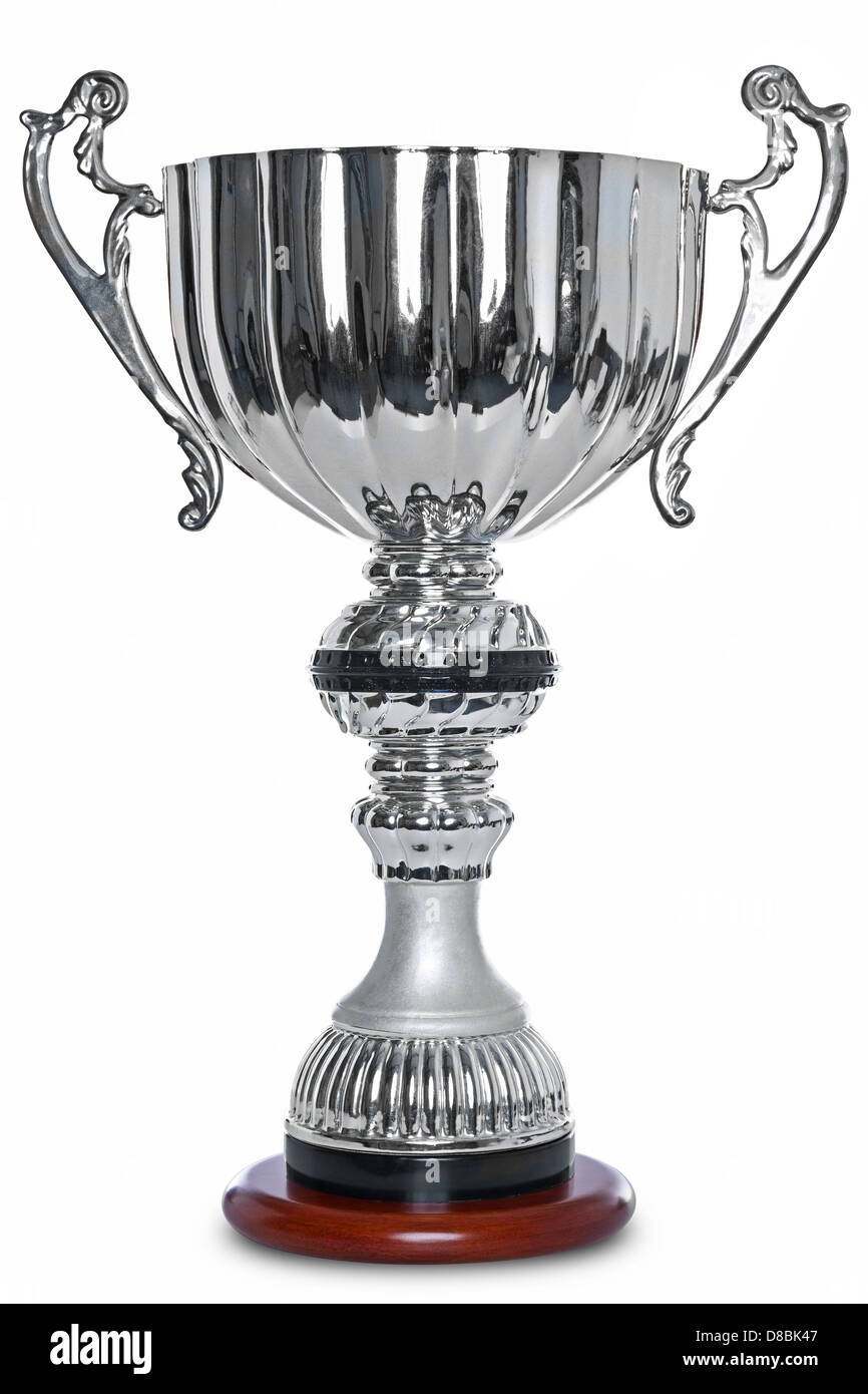 Photo of a large silver trophy on a wooden stand, isolated on a white background with clipping path. Stock Photo