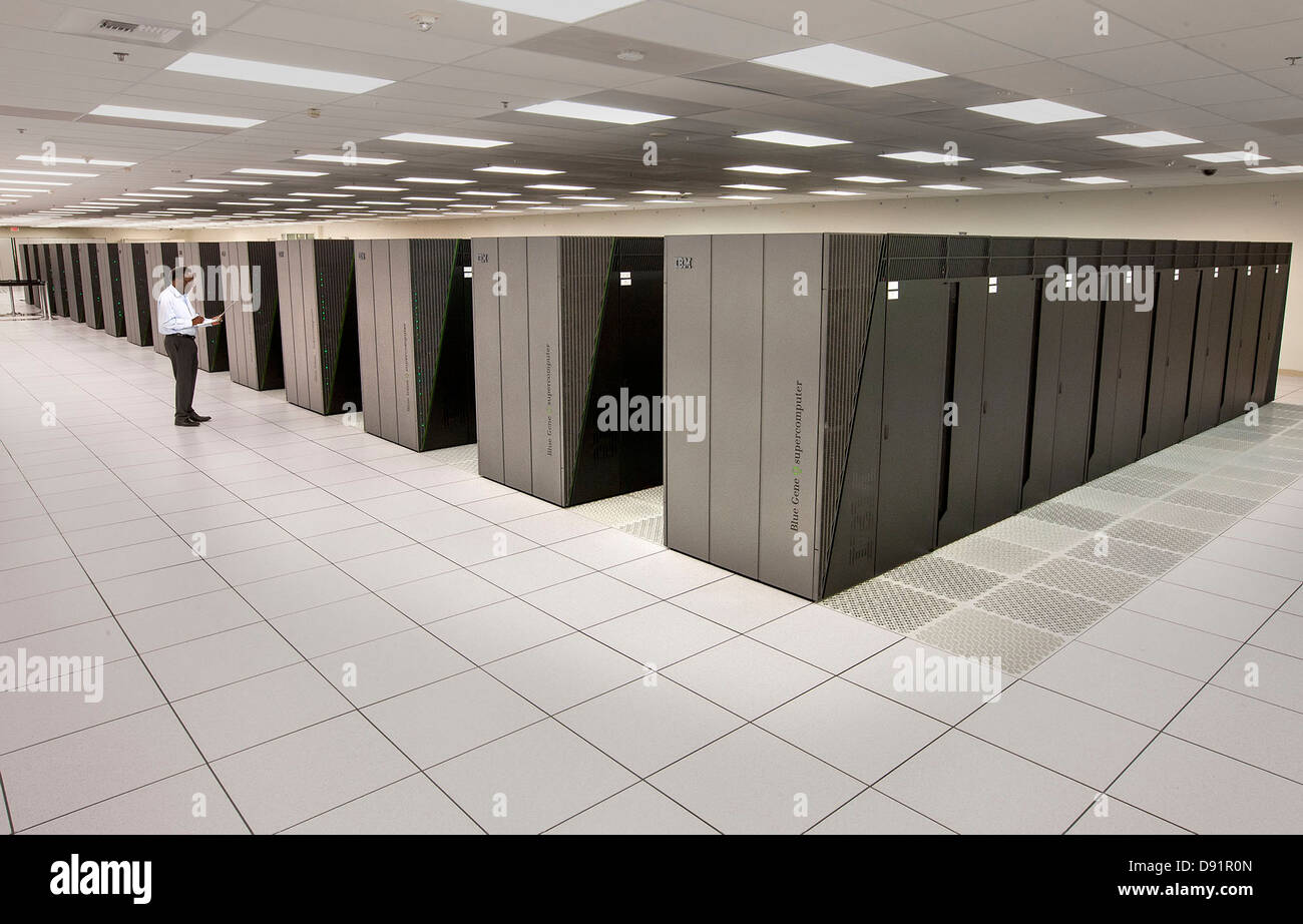 The 96-rack IBM Blue Gene Q Sequoia supercomputer at Lawrence Livermore National Laboratory April 25, 2013 in Livermore, CA. The computer system is currently the world's faster computer able to run 504 billion computing events per second, dwarfing the previous record set in 2009 of 12.2 billion events per second. Stock Photo