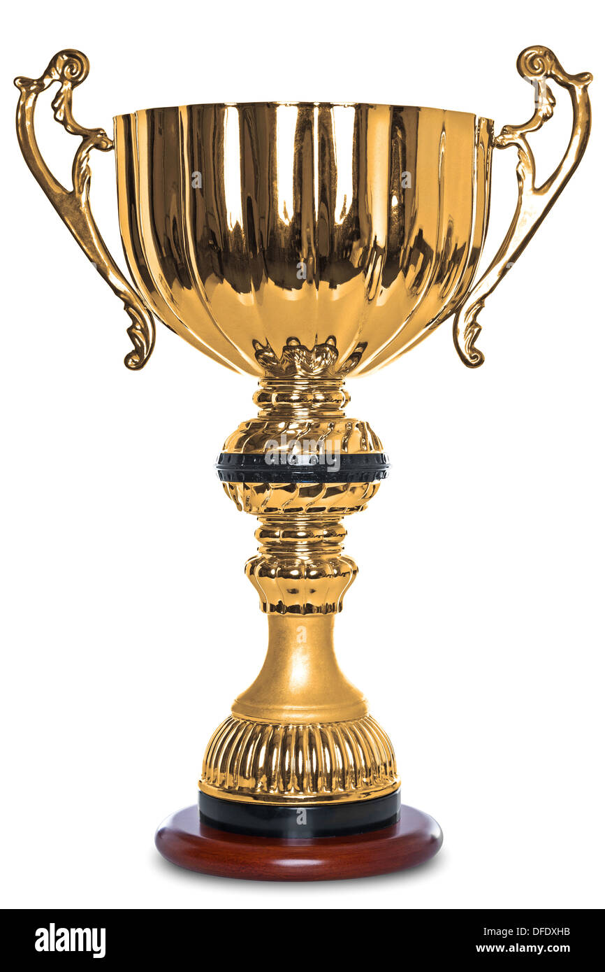 Photo of a large gold trophy on a wooden stand, isolated on a white background with clipping path. Stock Photo