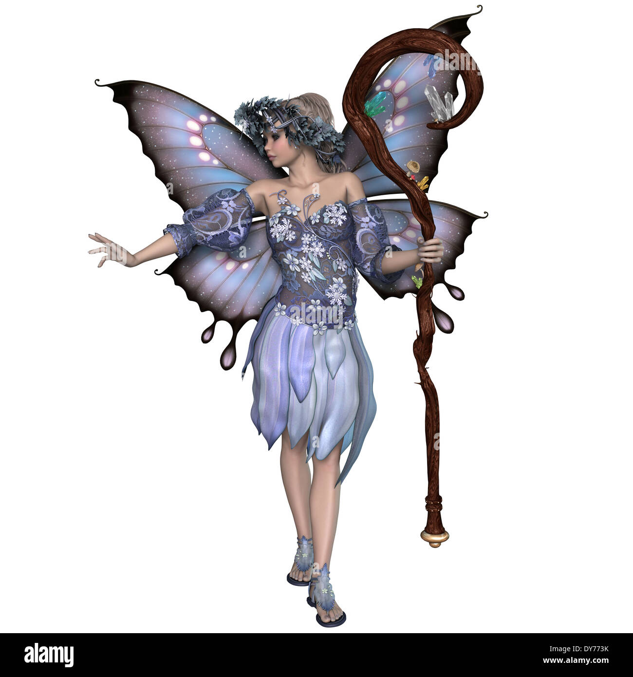 A fairy is a mythical creature of folklore and mystery dressed the colors of winter. Stock Photo