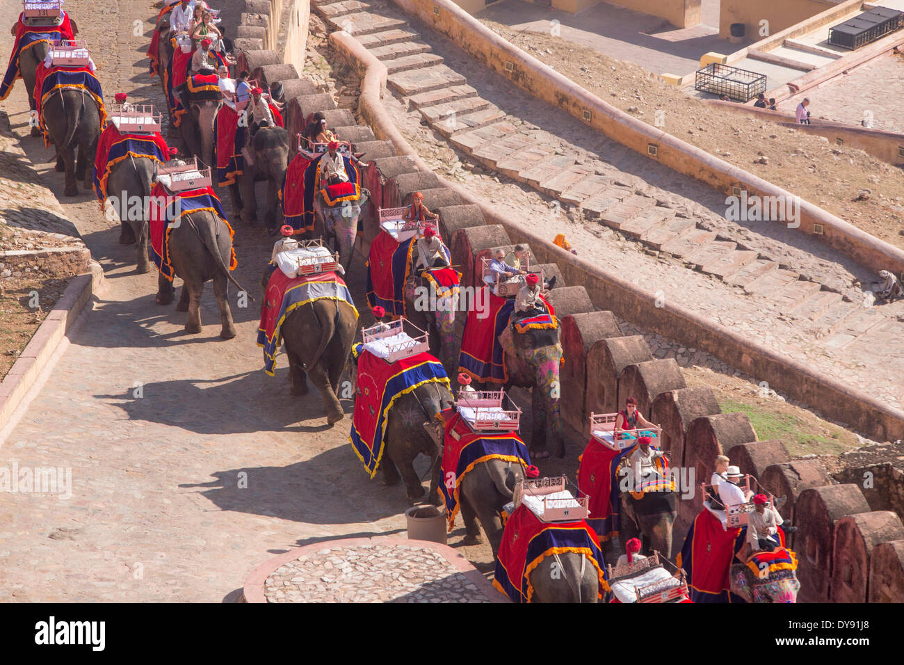 Tourists, ride, fort, Amber, elephant, Asia, India, elephant, Rajasthan, Amber, Jaipur, Stock Photo