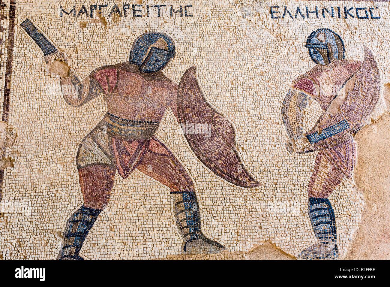 Cyprus Limassol district Episkopi archaeological site of the ancient Greco-Roman city of Kourion house known gladiator mosaic Stock Photo