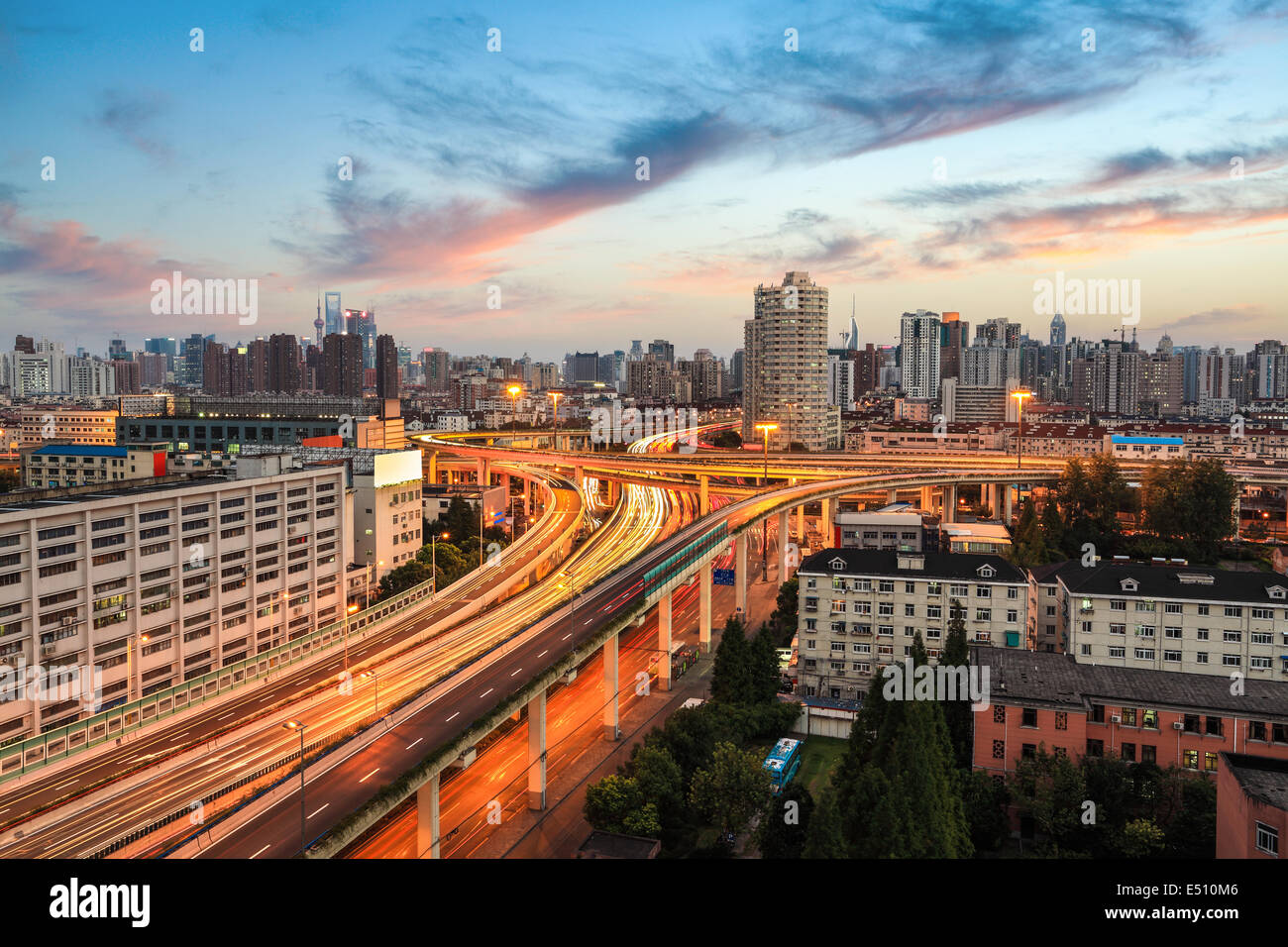 shanghai elevated road at dusk Stock Photo