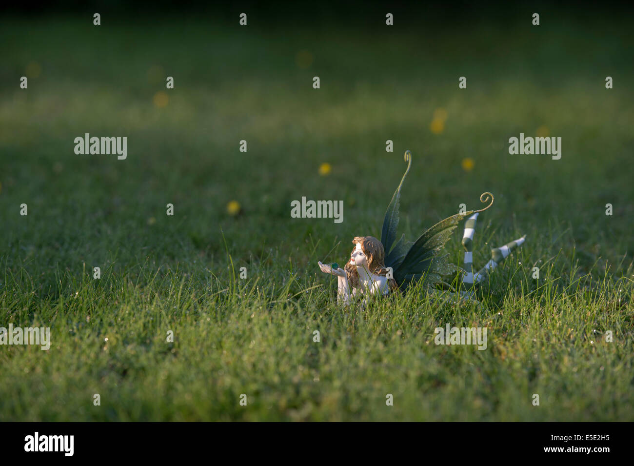 Fairy ornament in grass lit up by sunlight Stock Photo