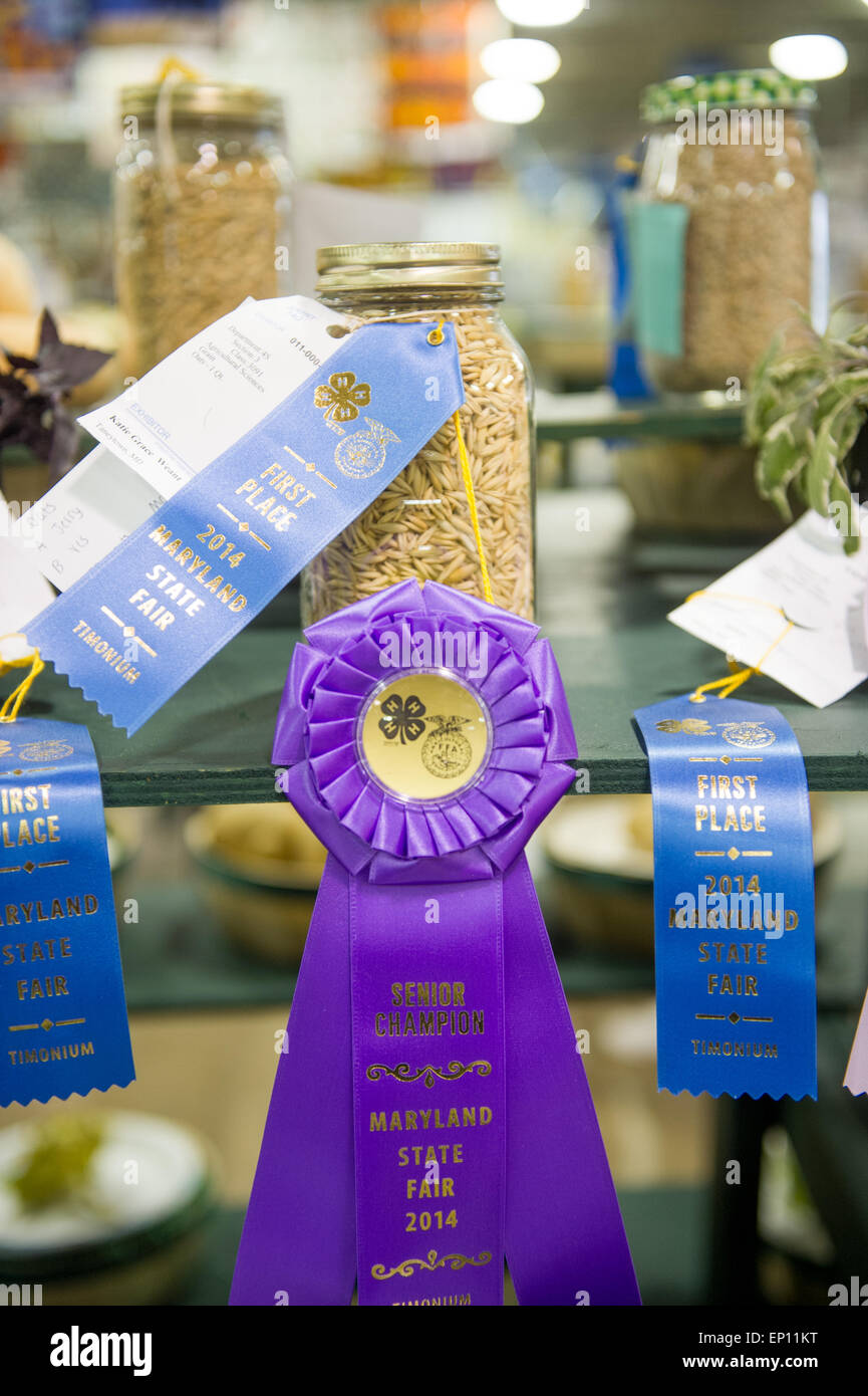 Winning jars of grain with prize ribbons. Stock Photo