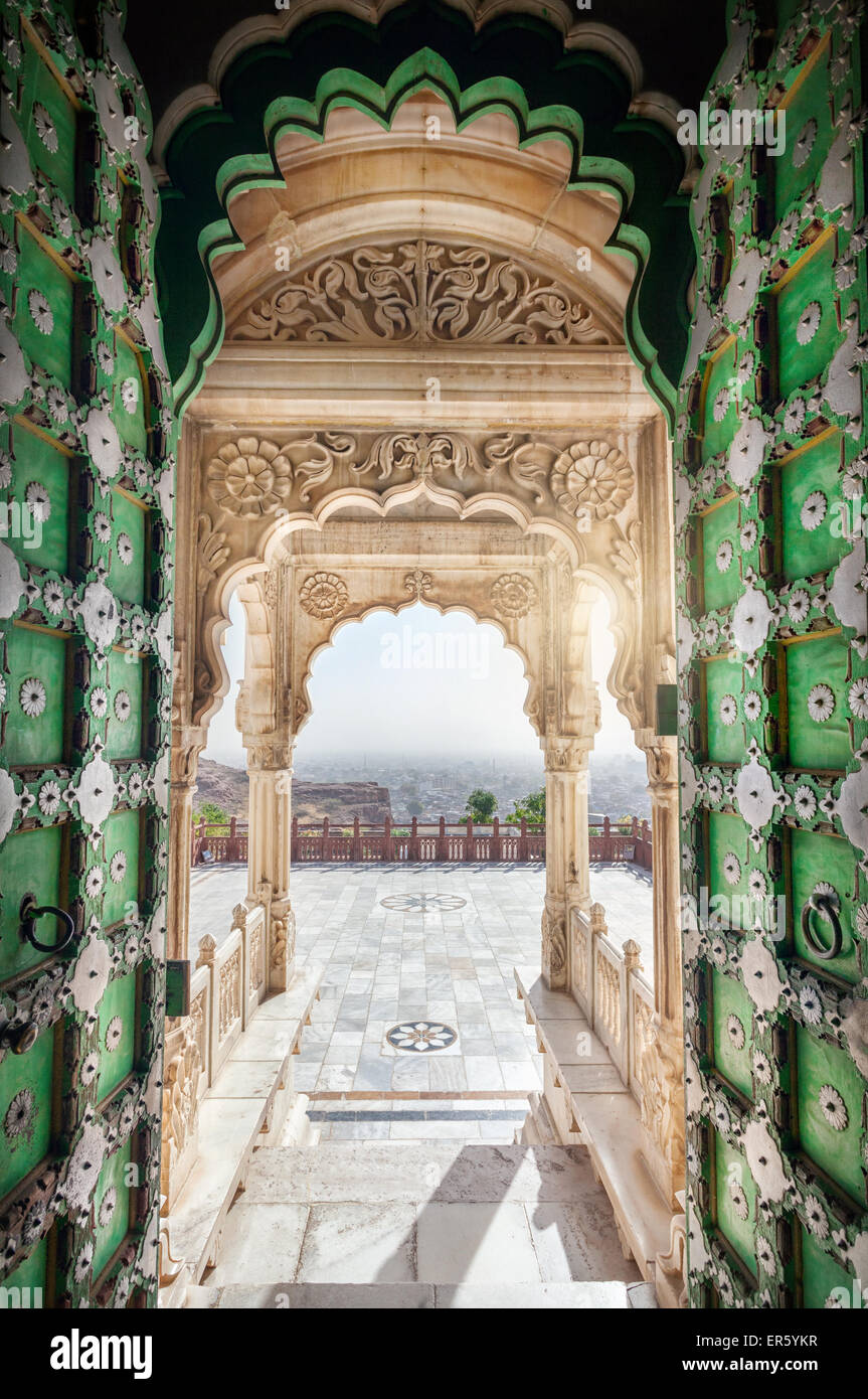 Jaswant Thada memorial with opened green door with view to Jodhpur city in Rajasthan, India Stock Photo