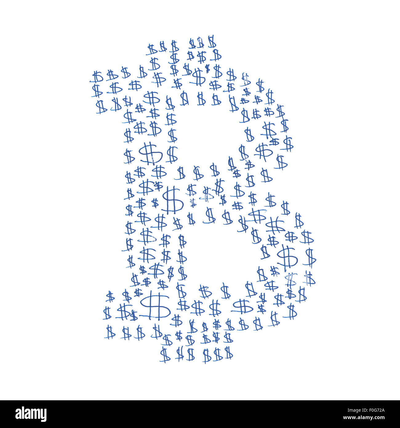 Bitcoin hand-drawn symbol of a digital decentralized crypto currency, small dollar symbols in a shape of letter B. Stock Photo