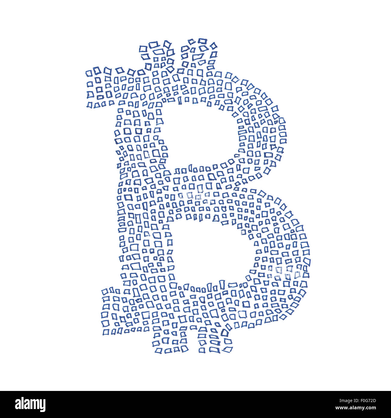 Bitcoin hand-drawn symbol of a digital decentralized crypto currency, small squares in a shape of letter B on white background. Stock Photo