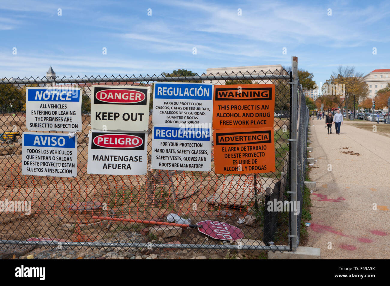 Danger warning signs at construction site - USA Stock Photo