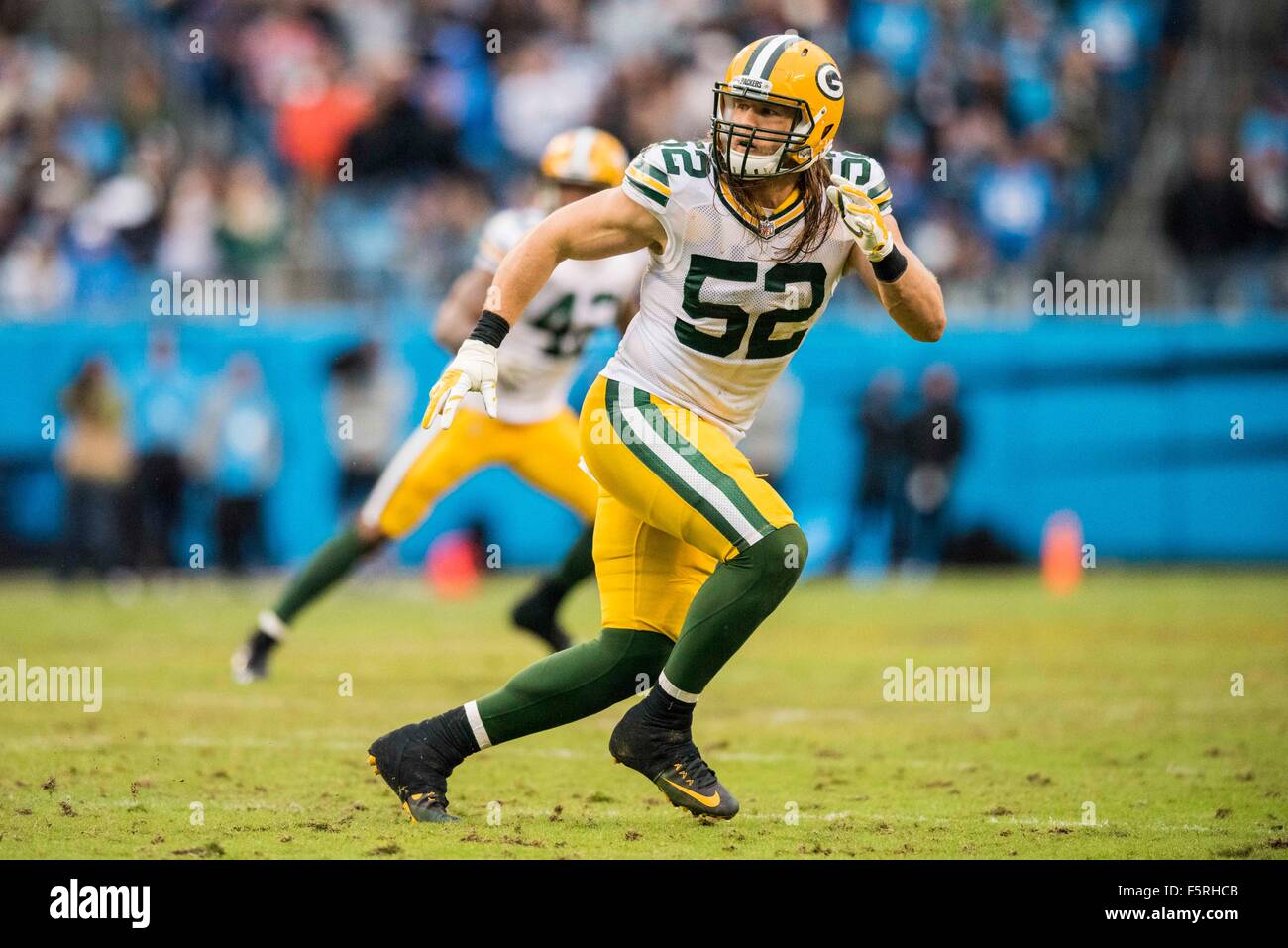 Green Bay Packers linebacker Clay Matthews (52) during the NFL football game between the Green Bay Packers and the Carolina Panthers on Sunday, Nov. 8, 2015 in Charlotte, NC. Jacob Kupferman/CSM Stock Photo