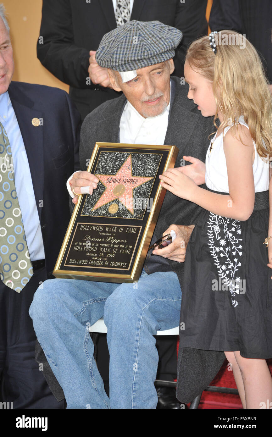 LOS ANGELES, CA - MARCH 26, 2010: Actor Dennis Hopper & daughter Galen Grier Hopper on Hollywood Boulevard where he was honored with the 2,403rd star on the Hollywood Walk of Fame. Stock Photo