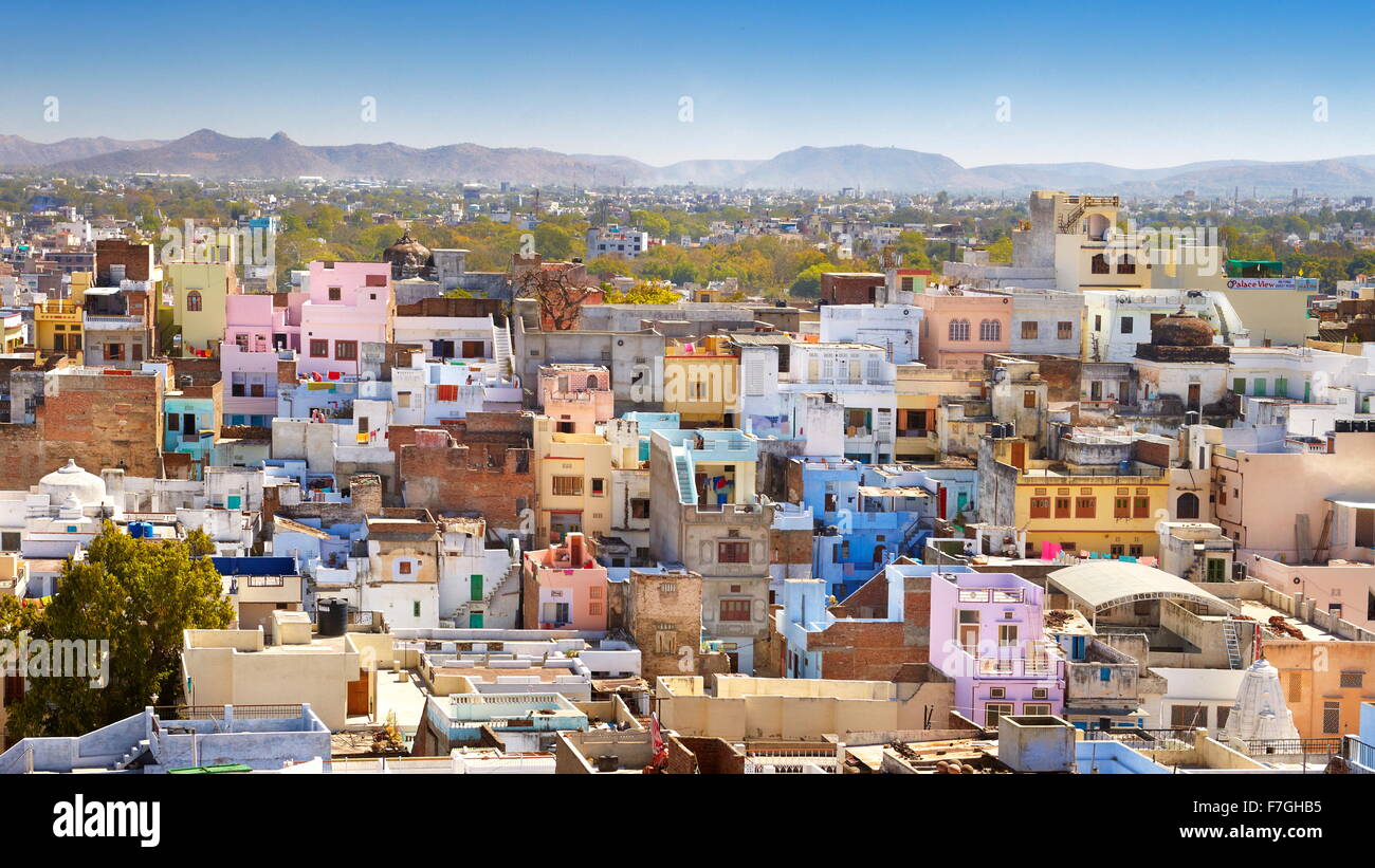 Aerial view of Udaipur town from the City Palace, Udaipur, Rajasthan, India Stock Photo