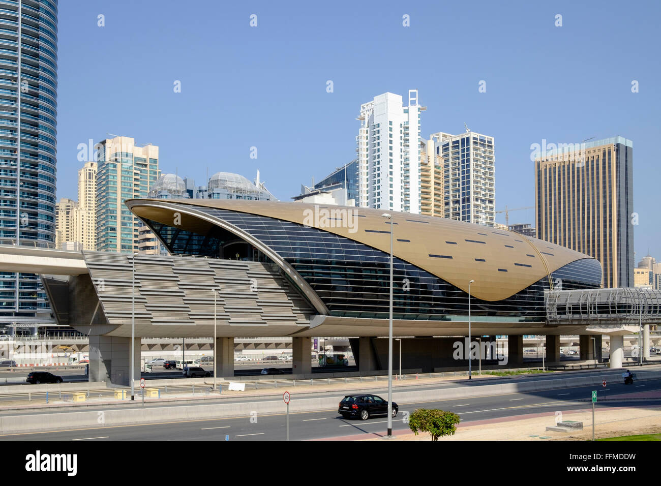 Modern elevated railway station for Dubai Metro system in United Arab Emirates Stock Photo