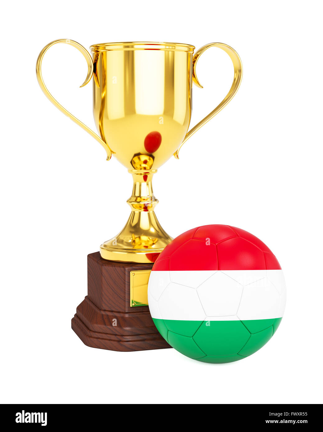 Gold trophy cup and soccer football ball with Hungary flag Stock Photo