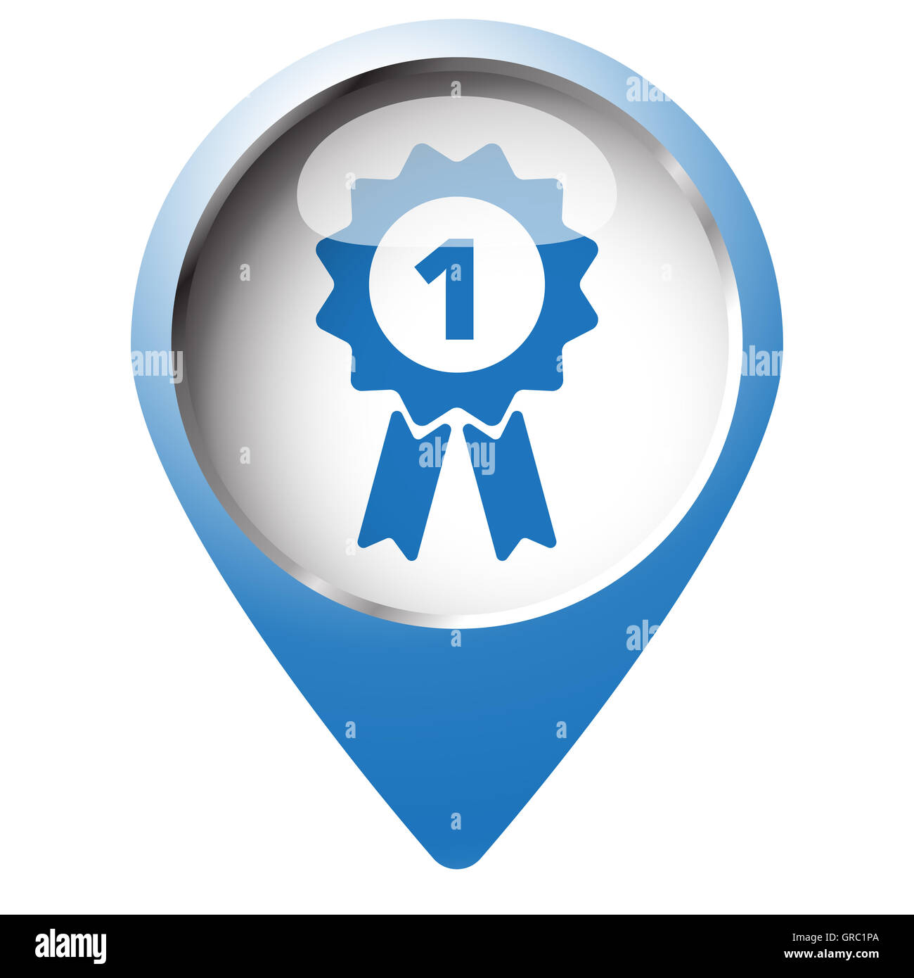 Map pin symbol with Prize Ribbon icon. Blue symbol on white background. Stock Photo