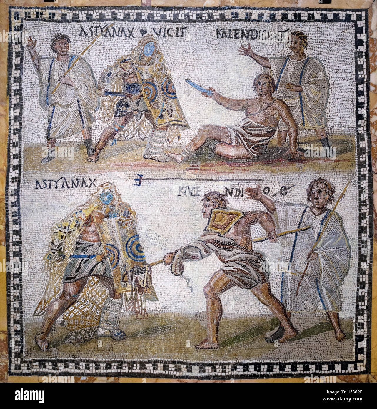 Madrid. Spain. Secutor versus retiarius, Roman mosaic, 3rd century AD, from Rome, National Archaeological Museum of Spain. Stock Photo